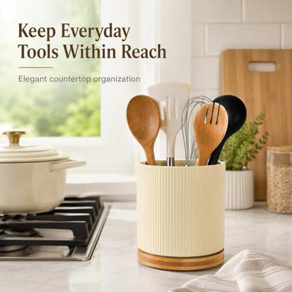 360° Rotating Ceramic Utensil Holder,Utensil Crock for Kitchen Counter | Kitchen Utensil Holder for Countertop with Rotatable Wooden Base,Ideal Housewarming Gifts & Mothers Day Gift-Yellow - color: Cream Yellow