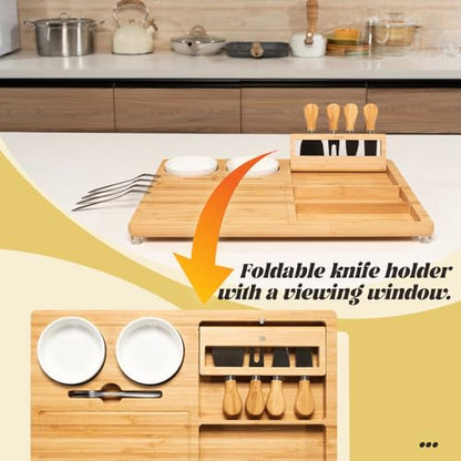 eleganlife Charcuterie Boards Set with Knives, Bamboo Cheese Board Large, Charcuterie Platters with Compartments, Serving Boards Gifts for Wedding, Birthday and Housewarming Party