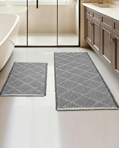 Waffle Bath Mat Set, Non Slip Bathroom Rugs 2 Piece, Gray & Light Gray | Ultra Absorbent Long Bath Rug Runner for Bathroom Boho Chic Decor, Machine Washable Floor Mats, 20"×47" Plus 18"×30" - color: Grey & Light Grey