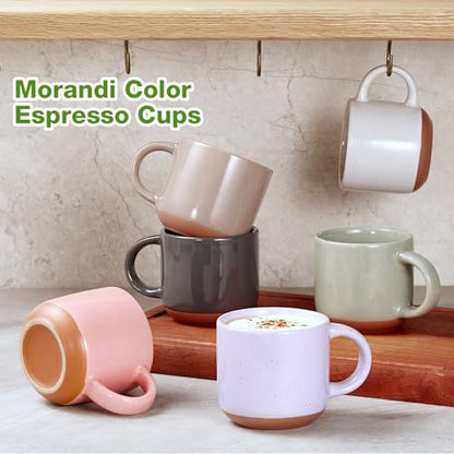 Gencywe® Morandi Color Ceramic Mini Espresso Cups Set of 6, 5 oz Expresso Mugs with Handle,Porcelain Coffee Mugs Demitasse Cups, Modern Style Cups, Microwave Dishwasher Safe Suit for Espresso Machine