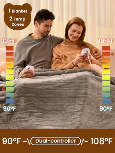 Bearhug Electric Blanket Queen Size with Dual Controls, 10 Heat Levels & 1-12H Auto Shut-Off, Fast Heating Soft Velvet to Sherpa Heated Blanket for Couples, Machine Washable, Taupe - color: Taupe-velvet & Sherpa, size: Queen Size 84" × 90"