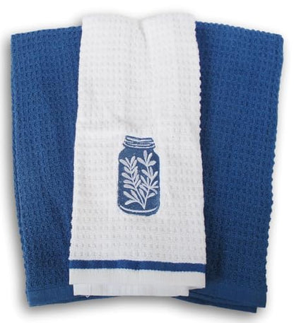 100% Cotton Kitchen Towel Set 3 Pack (Mason Jar and Navy Blue) - color: Mason Jar and Navy Blue