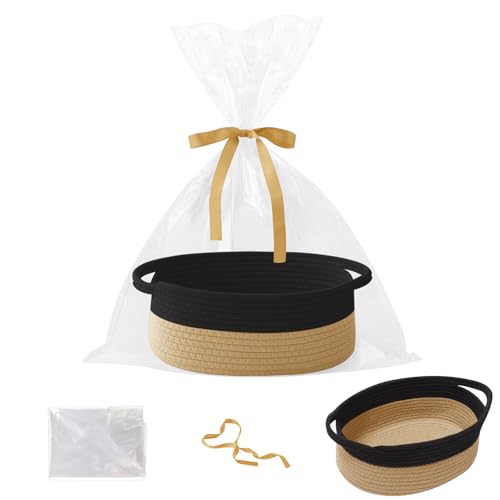 Woven Rope Basket,Baby Gift Basket with Bag & Ribbon, Black&Jute | Cotton rope with handle, 12x8x5 in, gift bag and ribbon, for baby shower, birthday, toy storage, nursery, shelf decor - color: Black & Jute