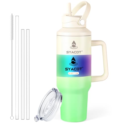 40 oz Tumbler with Handle and Straw or Convert to 40 oz Insulated Water Bottle Fits in Cup Holder. Stainless Steel Metal Water Flask with 2 Lids for Travel,Camping,Gym Sports Coffee Mug Thermal Cup - color: Cream Green