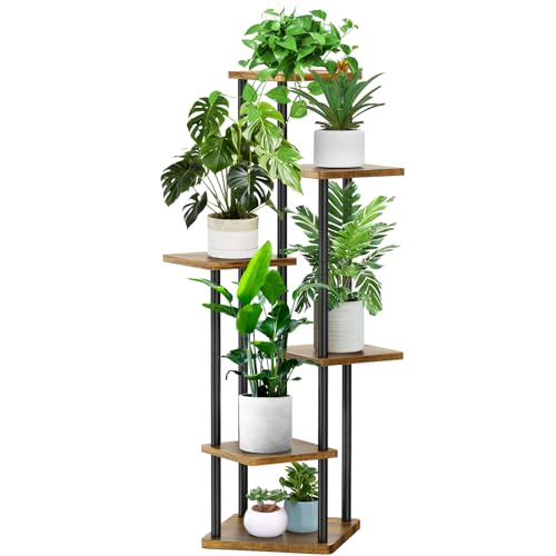 6 Tier Plant Stand Indoor, Thickened Metal Wood Corner Plant Shelf Stands for Multiple Plants, Indoor Tall Plants Stand Tiered Flower Holder for Living Room Patio Garden Balcony(Black+Brown) - color: Black+Brown, size: 6 Tier
