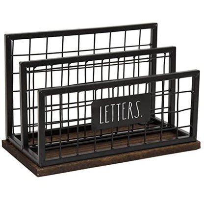 Rae Dunn Desktop Letter Holder – 2 Compartment Mail and Stationary Table Top Organizer – Chic and Stylish Galvanized Steel and Solid Wood - “Letters” Print - for Home and Office - color: Dark Stain