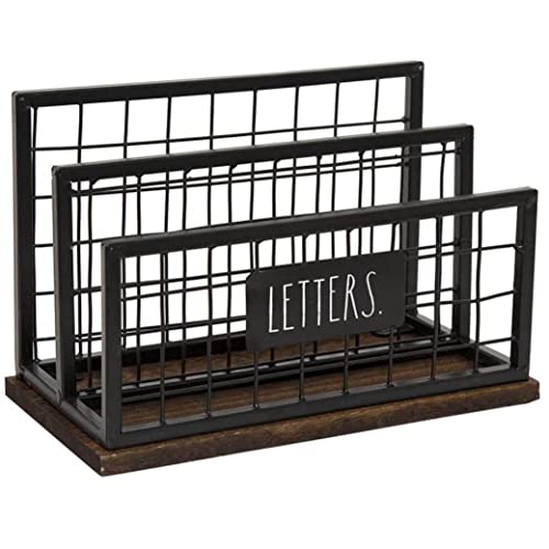 Rae Dunn Desktop Letter Holder – 2 Compartment Mail and Stationary Table Top Organizer – Chic and Stylish Galvanized Steel and Solid Wood - “Letters” Print - for Home and Office - color: Dark Stain