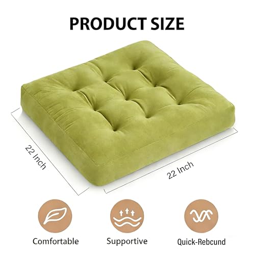 Square Floor Pillow Cushion, 22x22 Inch Meditation Pillow, Green | Thick Tufted, Soft Velvet Seat Cushion, for Yoga, Gaming, Reading, Living Room, Tatami, Chair - color: Green