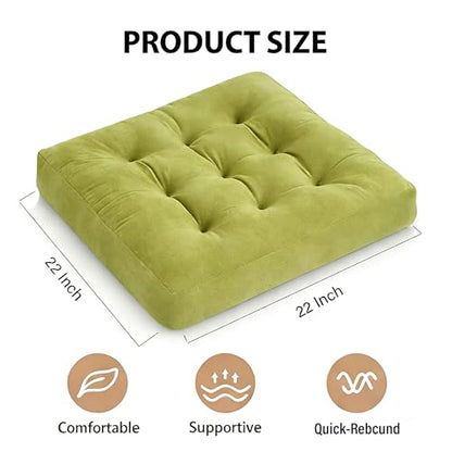 Square Floor Pillow Cushion, 22x22 Inch Meditation Pillow, Green | Thick Tufted, Soft Velvet Seat Cushion, for Yoga, Gaming, Reading, Living Room, Tatami, Chair - color: Green