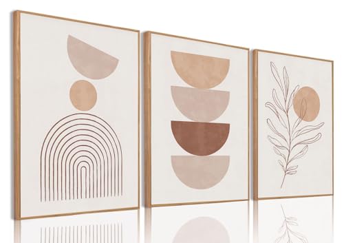 Boho Abstract Line Leaf Framed Canvas Wall Art Set of 3, 16x24 inch | Mid Century Abstract Wall Decor, Beige Neutral Line Leaf Prints, Bedroom Living Room Bathroom Art - color: Boho Beige, size: 16"x24"Natural