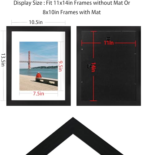 Black Wooden 11x14 Picture Frame set of 2, Display 11x14 Picture without Mat or 8x10 Picture with Mat - color: Black, size: 11x14 inches