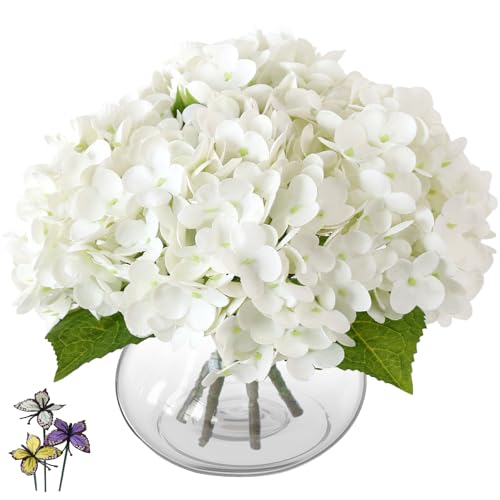 Hydrangea Artificial Flowers with Vase,White Real Touch Hydrangea Flowers with Butterfly,Faux Hydrangea Flowers for Floral Centerpieces for Tables,Home Decor,Wedding Decor,Coffee Table Decor - color: White Hydrangea