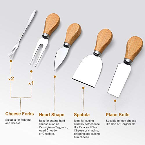 Bamboo Charcuterie Board Set with 4 Cheese Knives, Serving Platter | 4 stainless steel knives, cutting board. Ideal for parties, weddings, wine night, housewarming. - size: 14" x 11" x 0.6"