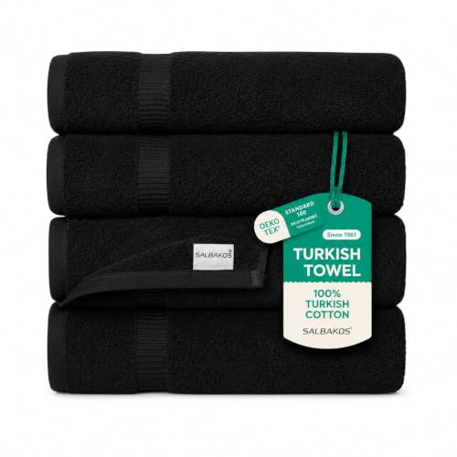 SALBAKOS 4-Piece 100% Turkish Cotton Bath Towels, 27x54 inch, Black | Standard Size, 630 Gsm Thick Super Soft Highly Absorbent Quick-Dry Bathroom Towel, Premium Hotel & Spa Quality Made in Turkey - color: Black, size: 4 Bath Towels