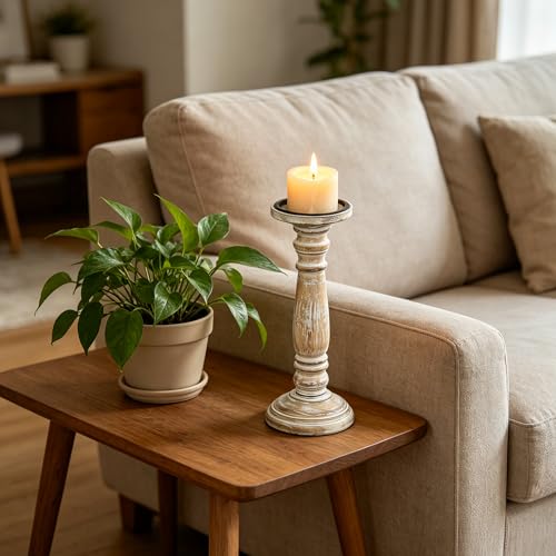 Hosley Farmhouse Wood Pillar Candle Holders Set of 2 – 12” Distressed Finish Tall Candlesticks for Table Centerpieces, Living Room, Wedding & Rustic Home Décor - size: 12 inch high x 2 Count