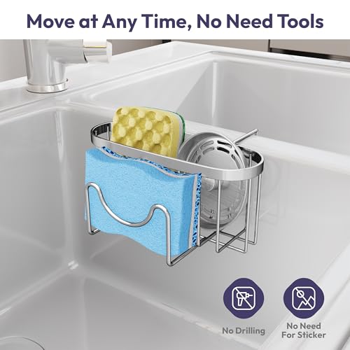 SWTYMIKI Sponge Holder for Kitchen Sink - Movable Kitchen Caddy with M Shape Hook, Stainless Steel Hanging Sponge Caddy for Sponges, Brush, Stopper Organizer in Double Bowl Sink, Silver - color: Silver-regular