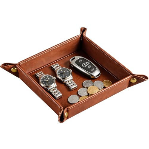 YAPISHI Luxury Valet Tray for Men, PU Leather Vanity Jewelry Catchall Tray | Decorative Perfume Catchall,Folding Travel EDC Dump Tray, Nightstand Desk Organizer Caddy for Keys,Watche,Dice,Coin Bowl Dish - color: 2#-brown Horseskin