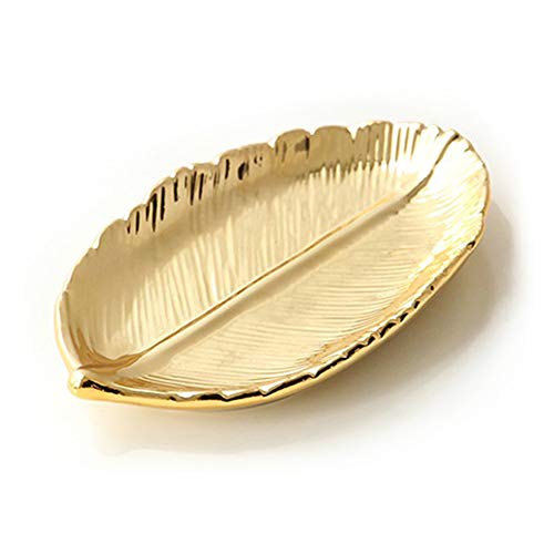 Lependor Golden Leaf Shaped Small Ceramic Jewelry Ring Dish Necklace Bracelet Holder Tray Organizer, Ceramic Decorative Trinket Dish for Wedding Party Woman Girl -Small Gold Leaf - color: Gold Leaf