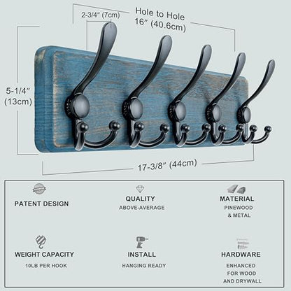 Coat Rack Wall Mount - Heavy-Duty Robust Barnwood-Style Wooden Wall Coat Hanger Hook Rail with 5 Triple Hooks for Winter Coats Hat Jacket Clothing, Weathered Blue & Black - color: Weathered Blue & Black, size: L=17.4"