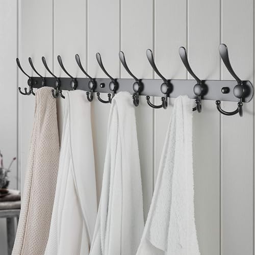 Coat Rack Wall Mount - 38” Long 10-Tri-Hooks Heavy Duty Coat Hanger Rail Wall Hooks for Hanging Coats Hats Clothing Clothes Purse Mudroom Entryway, Black, Pack of 2 - color: Black, size: L=38” (2 Pcs)