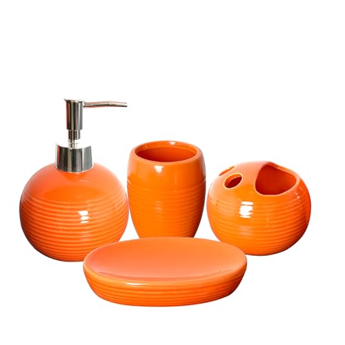 Orange Bathroom Accessories Set 4 Pcs, Ceramic Bathroom Accessory Set with Lotion Soap Dispenser, Toothbrush Holder, Bathroom Tumbler and Soap Dish,Orange Bathroom Decor