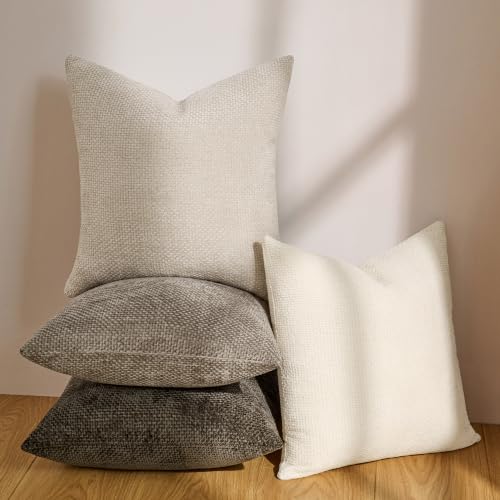 Textured Chenille Pillow Covers 20x20, Pack of 4, Light Brown | Thick Textured Chenille - color: Neutral, size: 20" x 20" (Pack of 4)