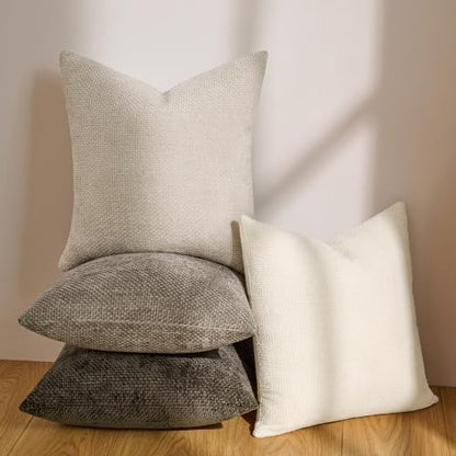 Textured Chenille Pillow Covers 20x20, Pack of 4, Light Brown | Thick Textured Chenille - color: Neutral, size: 20" x 20" (Pack of 4)