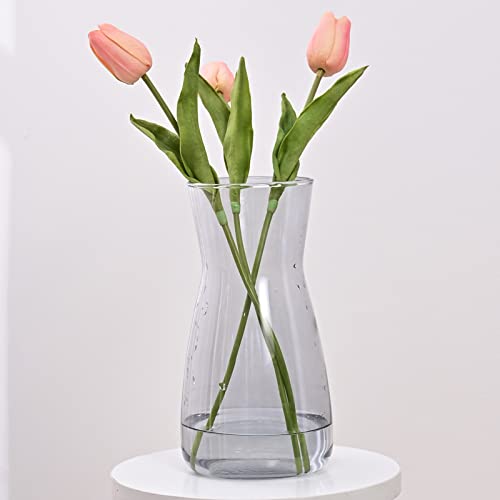 8 Inch Gray Glass Vase for Flowers, Modern Boho Table Decor | Farmhouse Vases For Rustic Vintage Living Room Kitchen Bedroom Halloween Christmas Decor House Book Shelf Office Decor - color: Gray