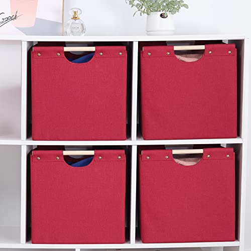 HOONEX Large Collapsible Storage Bins, Linen Fabric, Pack of 2, Storage Baskets with Wooden Carry Handles and Sturdy Heavy Cardboard, for Home, Office, Car, Nursery, Red - color: Red