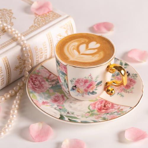 KAMMAK Tea Cups and Saucers Set of 2, 4 oz Porcelain Coffee Cups, YX013 | Stackable Espresso Mugs, Ceramic Demitasse for Coffee, Cappuccino, Latte, Americano, Tea - size: 8CZYX013