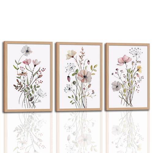 3Pcs Framed Botanical Wall Art Set of Watercolor Floral Canvas Prints Wildflower Painting Posters with Wooden Frames Modern Minimalist Pictures for Living Room Bedroom Home Decor 16x24in - color: Wildflower, size: 16x24 Inches