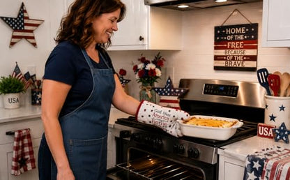 Patriotic Kitchen Pot Holder Oven Mitt Dish Towel Set, 5 Piece, Red White Blue God Bless Design, 100% Cotton - color: God Bless