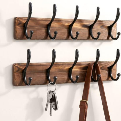 POZEAN Wooden Coat Rack Wall Mount, 2 Pack Wall Mounted Coat Hangers with 5 Double Hooks, Space Saving Organizer for Entryway,Bathroom, Clothes, Jackets, Hats, Keys(‎Brown Plate & Black Hooks)