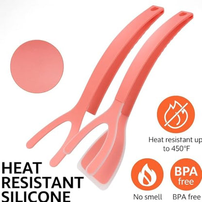 Silicone Kitchen Spatula Tong (Set of 2) – Heat Resistant 2-in-1 Grip & Flip Non-Stick Cooking Tongs for Pancakes, Fish, Eggs, and More – Kitchen Tool Set (Black + Red)