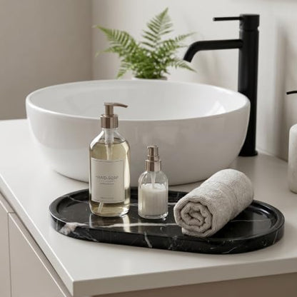 YKAJO Nero Marquina Oval Marble Tray, 11.8x5.9 Vanity Perfume Organizer | Honed natural stone; jewelry & trinket dish, ring & key holder, soap & candle catchall; bath counter, dresser, coffee table - color: Nero Marquina, size: 11.8" x 5.9" x 0.6"