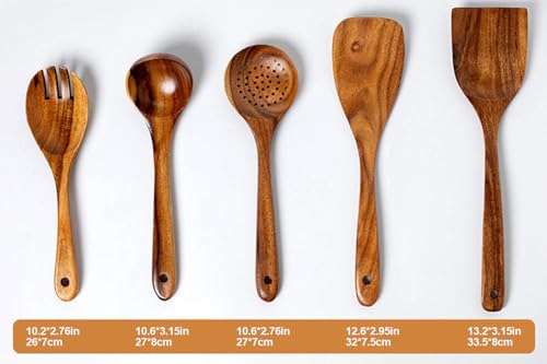 Premium 5 pcs Wooden Spoons For Cooking, Wood kitchen Spatula Utensils set | Acacia Wood Utensil set With Soup Ladle and Wok Spatula, Salad fork for Non-stick Skillet