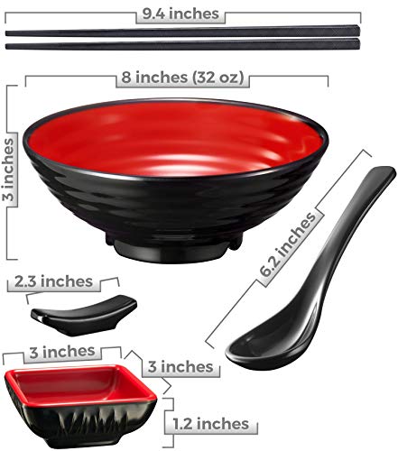 Unbreakable Ramen Bowl Set with Chopsticks and Spoon: 1 large Japanese Style Melamine Ramen Bowl, Dipping Bowl and Chopsticks and Stand for Asian Pho Soup Thai Miso Udon Wonton (1 Bowl Set, Red-Black) - color: Red & Black, size: 1 Bowl Set