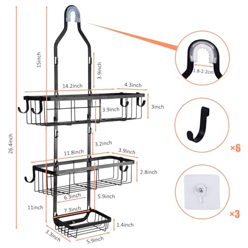 Bathroom Shower Caddy Hanging, Rustproof Waterproof | Metal, 6 Multi-Purpose Hooks, Storage Shelf, No Drilling Installation, Shampoo Soap Towel Organizer