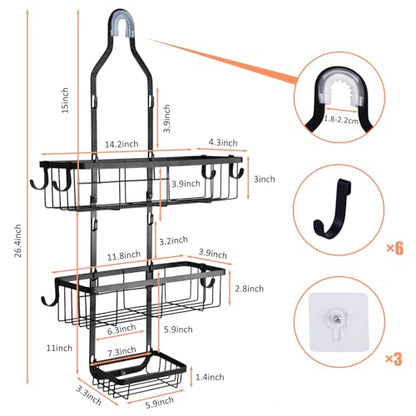 Bathroom Shower Caddy Hanging, Rustproof Waterproof | Metal, 6 Multi-Purpose Hooks, Storage Shelf, No Drilling Installation, Shampoo Soap Towel Organizer