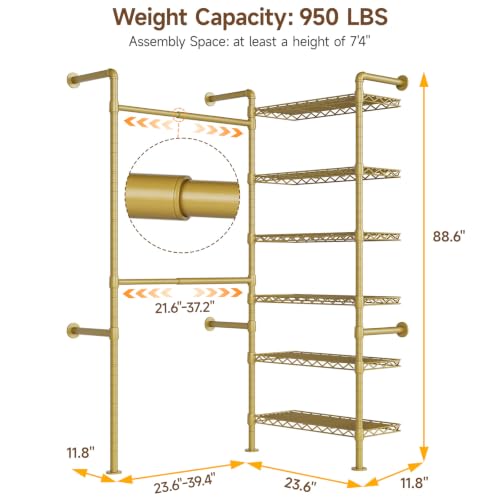 L2 Wall Mounted Closet System, Industrial Pipe Clothing Rack, Gold | Metal Clothes Rack with 2 Telescopic Rods & 6 Shelves, Heavy Duty Closet Organizers for Wardrobe, Reach-in & Walk-in Closets - color: Gold