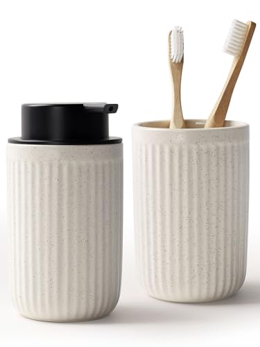 Bosilunlife Soap Dispenser and Toothbrush Holder Set - Dish Hand Soap Dispenser Bathroom Set Ceramic Bathroom Counter Soap Toothbrush Holder Set Beige Bathroom Accessories Set - color: Beige Cylinder Stripes Liquid Pump & Toothbrush Holder