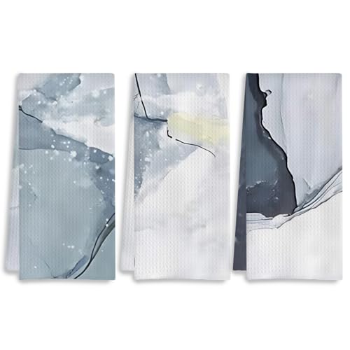 Abstract Blue and White Marble Kitchen Towels, Boho Blue Dish Tea Towels for Kitchen Decor, Mid Century Modern Hand Towels for Bathroom Decor, 16x24 Inch Set of 3 - color: 19- Abstract Towels