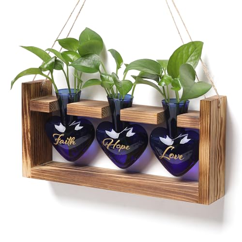 Plant Terrarium Propagation Stations Hydroponics | Home Garden Decoration Gift for Women with Wooden Stand Heart Shaped Colored Glass Vase - color: Blue(Faith Hope Love)