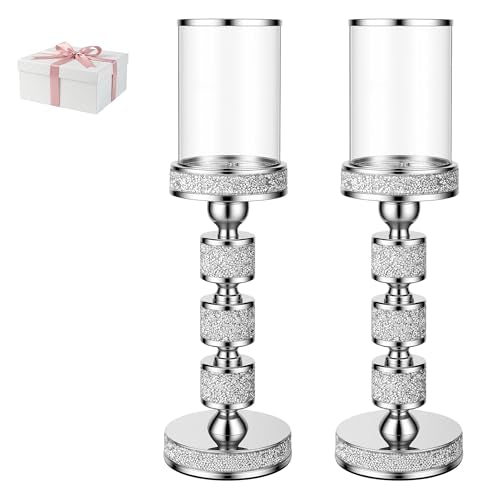 Hurricane Candle Holder, 15.9" Tall Metal Candle Stand, Glass Pillar Holder | Crystal Candle Holders for Table Centerpieces, Home Decor, Wedding, Dining Table - color: Silver, size: Large