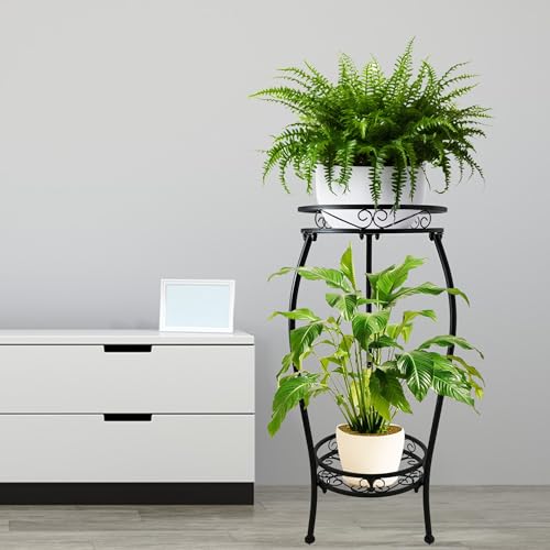 CASIMR 2 Tier Plant Stand Indoor Outdoor, 26.6" Tall Metal Potted Holder Rack Multiple Flower Pot Stand Heavy Duty Plant Shelf Rustproof Iron Plant Round Supports Rack
