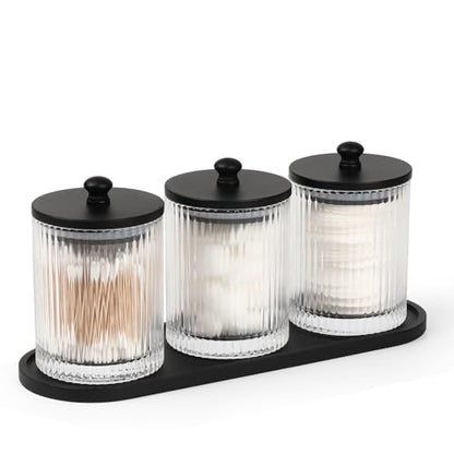 3 Pack Qtip Holder - Bathroom Organizers and Storage, Cotton Round Holder Floss Pick Cotton Ball Swab Holder with Tray, Glass Apothecary Jars with Lids Container Set -sw clear b