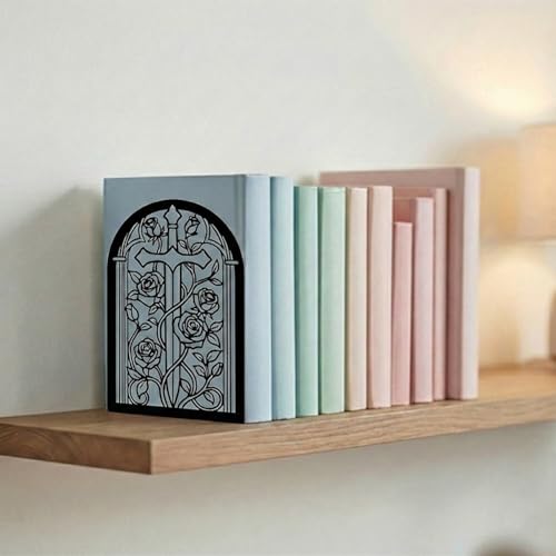 Bookends for Shelves, 2 Pcs Rose Flower Sword Design Book Ends Metal Decorative Bookends for Home Office and Library, Black - style: Rose and Sword