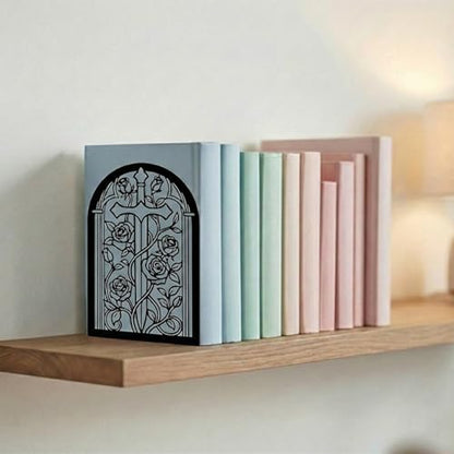 Bookends for Shelves, 2 Pcs Rose Flower Sword Design Book Ends Metal Decorative Bookends for Home Office and Library, Black - style: Rose and Sword
