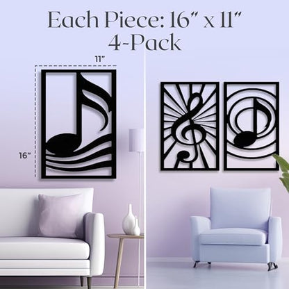 GALLERY GRACE 4-Pc Music Notes Metal Wall Art, Black Wall Decor Set | 11 x 16 In Metal Panels, Music Notes Wall Decor, Minimalist Style, Ready to Hang, for Living Room, Office, Studio or Bedroom - style: Modern Musical Art
