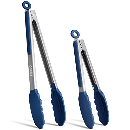 Tongs for Cooking, Stainless Steel Kitchen Tongs with Silicone Tips | 600ºF High Heat-Resistant, Non Scratch, Locking Tong for BBQ Grilling Air Fryer Food Salads, Set of 2 (9" and 12") Navy Blue - color: Classic Blue, size: 9 + 12 inches